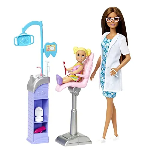 Barbie Zahnärztin-Puppe - Spielset mit Behandlungsstuhl, Instrumentenwagen und Zubehör und Patientenpuppe, kleine Zahnmediziner und Kinder ab 3 Jahren, HKT70
