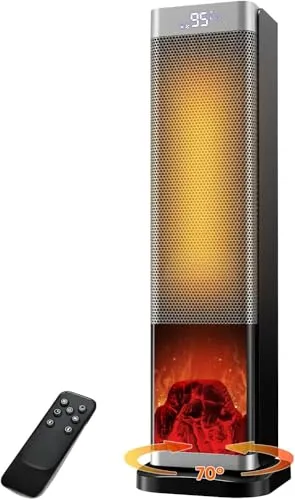 FGHB Elektrische Heizung,2000W Turm Raumheizung mit Fernbedienung,23-Zoll elektrische Raumheizung mit 70 ° Oszillation,3D Flamme,LED-Bildschirm, ECO-Modus,12H Timer