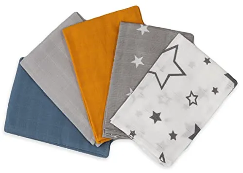 FENSILO 5er Pack Musselin-Tücher für Baby 34x34 cm, Baby Waschlappen aus Musselin - Vielseitige Mulltücher als Spucktücher, Schnuffeltuch, 100% Baumwolle, Spuctuch Sterne