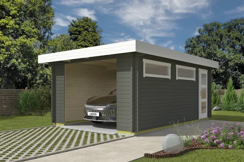 Lasita Garage Pultdach 44 mm Canberra ohne Tor grün 422x600 cm - Gartenhäuser, hochwertige Pultdachgarage aus 44 mm Blockbohlen, abschließbar und ideal für sicheren Stauraum im Garten mit 18.66 m² Nutzfläche.