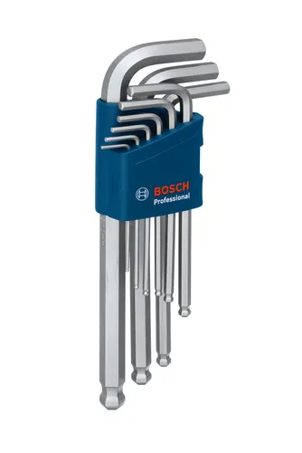Bosch Professional Winkelschlüssel Set Hex 9tlg. (1.5 - 10.0mm) - Vielseitiges 9-teiliges Winkelschlüssel Set aus robustem S2 gehärtetem Stahl für optimales Drehmoment. Komfortable Längen für zusätzliche Hebelwirkung und einfache Handhabung. Ideal für verschiedene Schraubarbeiten.