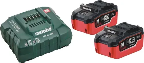 Metabo Basic-Set 2 x LiHD 5,5Ah SE Werkzeug-Akku und Ladegerät - Elektrowerkzeug-Akkus mit leistungsstarker LiHD-Technologie, ideal für längere Einsatzzeiten und hohe Leistung bei 18 V und 5,5 Ah.