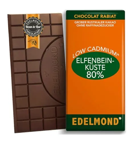 Edelmond 80% Bitterschokolade Elfenbeinküste Afrika– Rustikal gewalzt mit Kokosnektar & Karitéöl – Low Cadmium geprüft – Vegan & plastikfrei – Fruchtig-herb mit Tonka (1 Tafel, 75 g)