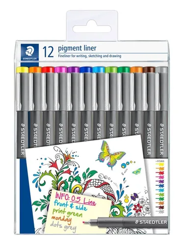 Staedtler Pigment Liner 0.5 - Box mit 12 Farben - Utensilien zum Schreiben und Zeichnen, ideal für präzises Zeichnen und Schreiben mit lichtbeständiger, wasserfester Tinte und langlebigem Design.