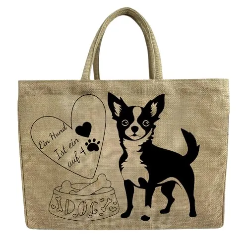Domelo Einkaufskörbe. Bedruckte Einkaufstasche. Jute Tasche groß. Korbtasche, wasserabweisenden Strandtasche. Jutetaschen Shopper als Shopping bag. Tragetasche (Chihuahua)