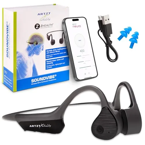 ARTZT neuro Knochenschall Kopfhörer Kabellos mit Mikrofon Open Ear Headset - SoundVibe - Schutz vor Wasser und Staub - Sportkopfhörer für Sport Freizeit Neuroathletik 13 x 11 x 4,5 cm, Grau