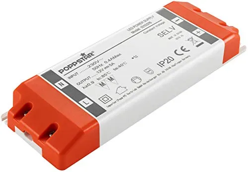 Poppstar LED Trafo Transformator 230V AC / 12V DC 5A - Transformator für LEDs bis 60 Watt, sicher und platzsparend, ideal für LED Stripes und Lampen, einfache Montage und Schutz gegen Kurzschluss.