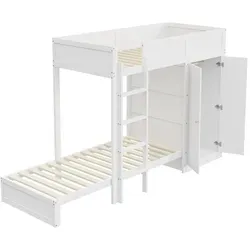 Etagenbett,Kinderbett(weiß)Hochbett,mit vertikaler Sicherheitstreppe,Kleiderschrank,hohes Zaundesign,Lattenrost