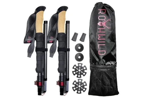 Rothwild Wanderstöcke Platzhirsch - Faltbare Carbon-Trekkingstöcke mit Kork-Griff - Wanderstöcke für Trekking und Nordic Walking, ultraleicht mit nur 220 g, inklusive umfangreichem Zubehör für alle Terrainbedingungen.