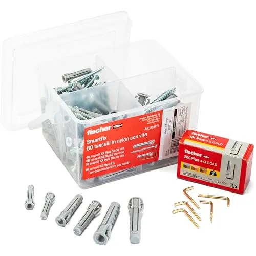 Fischer 531271 Kit Smartfix Box Dübel mit Schraube mit Haken für phantasievolle Gebäudehülle und gelocht, grau, Set von 80 Stück