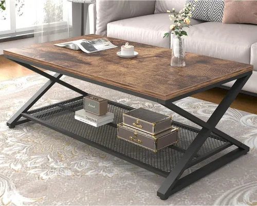 Rustikaler Couchtisch aus Holz und Metall mit 2 Etagen