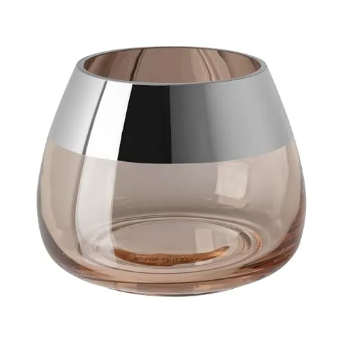 Fink Teelichthalter Ø 15 cm Sandfarben großer gläserner Kerzenhalter mit Silberrand