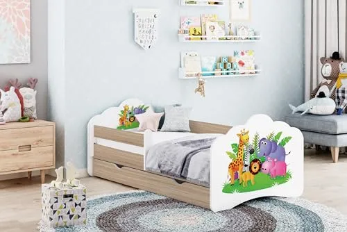 Happy Babies Kinderbett - Mit Matratze & Schublade und Rausfallschutz, 80x160, Mädchen Kinderbetten & Jugendbett Jungen Kids Bed, Jugendbett für Bodentief Ausziehbett Kleinkind, Lattenrost