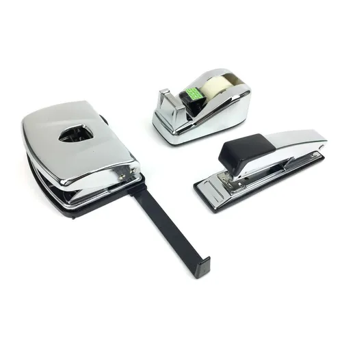 Chrom Schreibtisch Set Büro Locher Klebefilmrolle Tacker Heftgerät Metall