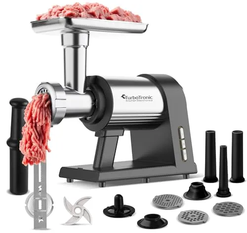 TurboTronic Elektrischer Fleischwolf Samurai – 2600W - Fleischwölfe mit 2600W Leistung für schnelles Zerkleinern von Fleisch und Gemüse. Inklusive Edelstahl Spritzgepäckvorsatz für leckeres selbstgemachtes Gebäck.