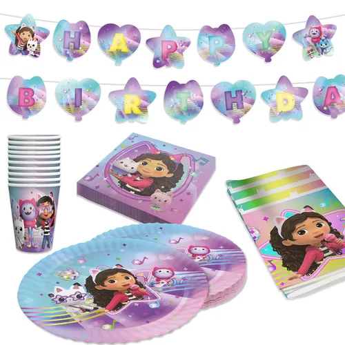 Party Factory Kindergeschirr-Set Gabbys Dollhouse – 74-teiliges Set für 8 Personen