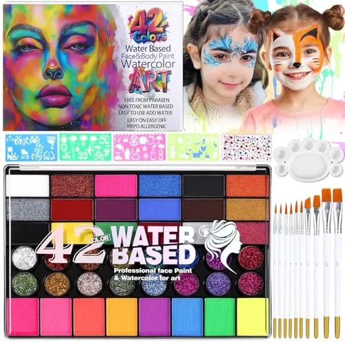 Farben Kinderschminken Set, Kinderschminke Set, mit 10 Pinsel, 4 Tattoo-Vorlagen and Glitzersteine Aufkleber, Bodypainting Farben, Gesichtsfarben Kinderschminken, für Halloween Fasching Karneval 42