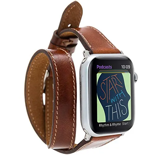 VENTA® Slim Leder Armband Twist für Apple Watch 1/2 / 3/4 / 5 Wechsel-Armband kompatibel mit Apple Watch Ersatz-Armband Echtleder (38-40mm/ Braun/DT-VA16-RST2EF) + Adapter Set Silber