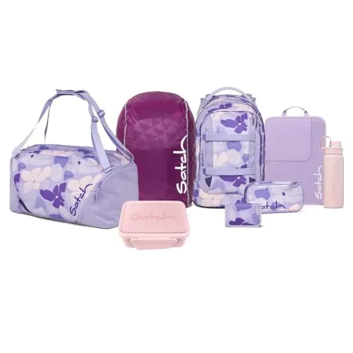 satch Pack Kollektor Edition Schulrucksack Set 8tlg. (Lilac Blossom) - Schultaschen-Set mit Brotdose und Trinkflasche, ideal für Schule und Freizeit. Das separate Nassfach sorgt für die sichere Aufbewahrung von Schwimmutensilien.