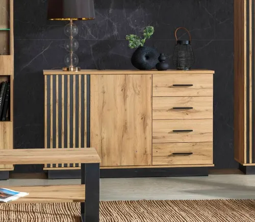 Kommode Sideboard Anrichte Lamia 141cm Wotan Eiche schwarz - Moderne Kommode mit 2 Türen und 4 Schubladen, bietet viel Stauraum und verleiht Ihrem Wohnzimmer einen eleganten Look.