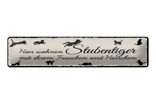 Produktbild Femer GmbH Metallschild Spruch 46x10 cm Hier wohnen Stubentiger, (1 St), gewölbte Oberfläche, abgerundete Ecken, umgeschlagene Kanten