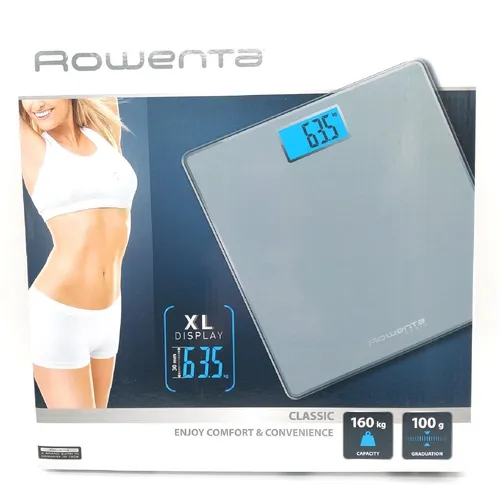 Rowenta Classic BS1500 Badezimmerwaage - Präzise Personenwaage mit 160 kg Kapazität, gehärteter Glasplatte und automatischer Abschaltung für maximalen Komfort und Hygiene.
