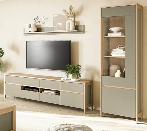 Furn.Design Wohnwand Finnes, (Schrankwand in Salbei mit Skandi Eiche, 3-teilig, 266 x 195 cm), Türen und Schubladen mit Soft-Close-Funktion