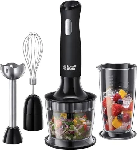 RUSSELL HOBBS Stabmixer 3-in-1, Matte Black 24702-56 - Stabmixer für Mixen, Pürieren, Zerkleinern und Verquirlen, mit abnehmbarem Edelstahl-Mixfuß und spülmaschinengeeignetem Zubehör für einfache Reinigung.