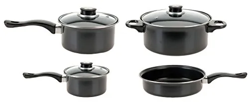 Trendkontor Camping Kochtopf Set 4-teilig Outdoor 3 Kochtöpfe mit Glasdeckel +1 Pfanne