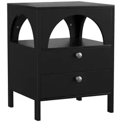 Redom Nachttisch Schwarz, 40x58x45 cm aus MDF - Der Redom Nachttisch vereint modernes Design mit praktischer Funktionalität. Ideal für Schlafzimmer, bietet er zwei Schubladen und ein offenes Fach für persönlichen Stauraum und ist dank der wasserfesten Oberfläche pflegeleicht.