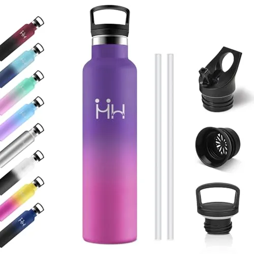 Thermosflasche 1L, Edelstahl Trinkflasche mit Strohhalm, BPA-Frei, Vakuum Thermosflasche, Einhandöffnung, Kohlensäure Geeignet, Isolierte Wasserflasche für Fahrrad, Picknick, Gym, Uni, Camping