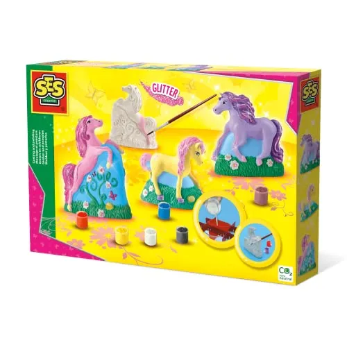 SES Creative - Gipsfiguren Pferde, bastle deine eigenen Pferde aus Gips, inkl. 3D-Formen, Malfarben und Glitter für kreativen Spaß