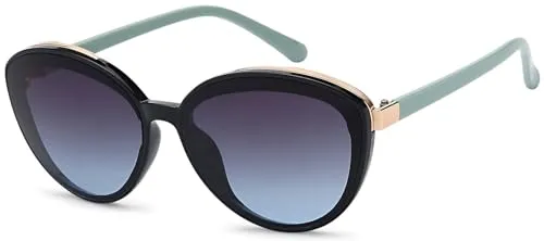 styleBREAKER Damen Sonnenbrille Oval mit filigranem Kunststoff Rahmen und Metall Detail, Polycarbonat Gläser 09020144, Farbe:Gestell Schwarz-Hellblau/Glas Grau Verlauf