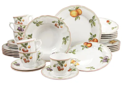 CreaTable 17032 - 30-teiliges Kombiservice Flora Orchard, elegantes Design mit klassischem Obstdekor und langlebigem Porzellan
