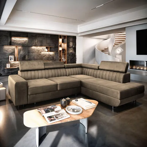Masseno Ecksofa NOLA R-S mit Schlaffunktion - Ecksofa mit Bettkasten in L-Form, bietet außergewöhnlichen Komfort und Stauraum, ideal für Gäste und stilvolle Wohnzimmergestaltung.