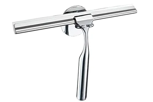 Maximex TurboFIX Edelstahl Duschabzieher - Eleganter Badezimmerwischer mit Wandhalter - Duschabzieher aus rostfreiem Edelstahl mit Turbo FIX-Klebepad-System für festen Halt auf glatten Oberflächen, rückstandslos entfernbar. Maße: 24,5 x 17 x 5 cm.