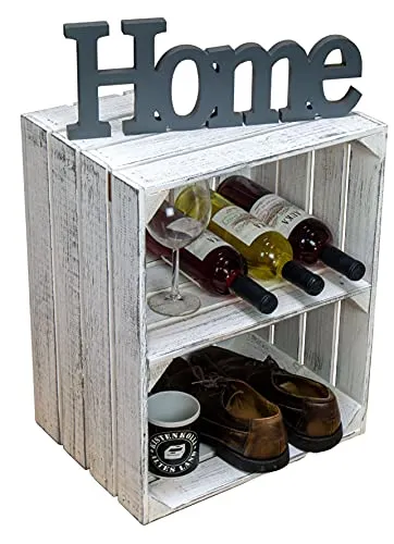 Holzkisten Shabby Weiss Schuhablage - Vielseitiges Regal für Kinder und Erwachsene - Schuhablage & Bücherregal in Shabby Weiss, ideal für Ordnung und Deko. Perfekt für Kinder- und Erwachsenenschuhe, bereits montiert mit variablen Mittelbrettern. Ein echter Eyecatcher für jedes Zuhause!
