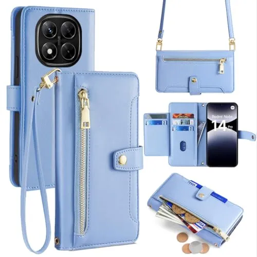 betterfon Handykette kompatibel mit Xiaomi Redmi Note 14 Pro 5G | Leder Handyhülle mit Kartenfächern | Handyhülle zum Umhängen | Hellblau