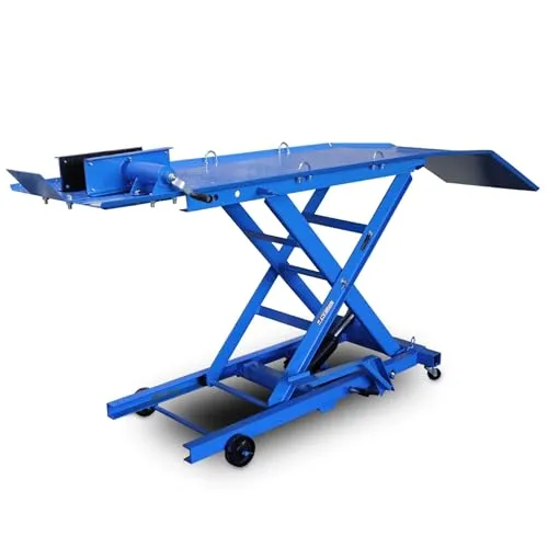 Bituxx Motorrad Scheren Hebebühne - Hydraulische Werkstattbühne mit 360 kg Traglast, ideal für sicheres Arbeiten an Motorrädern. Flexibel in der Höhe und mit Radsicherung für optimalen Halt.