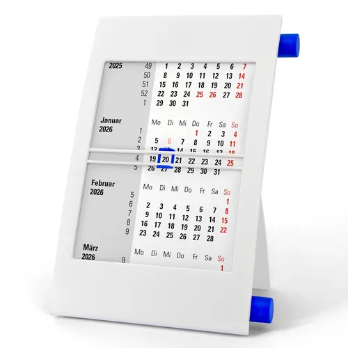3-Monats-Tischkalender für 2026 & 2027 mit Drehmechanik - weiß/blau