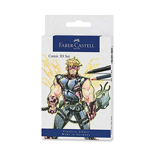 FABER-CASTELL 267191 - Tuschestift Pitt Artist Pen Comic Illustration 3D Set, 5 Tuschestifte, 3 Aquarellfarbstifte und Zubehör, 11 teilig