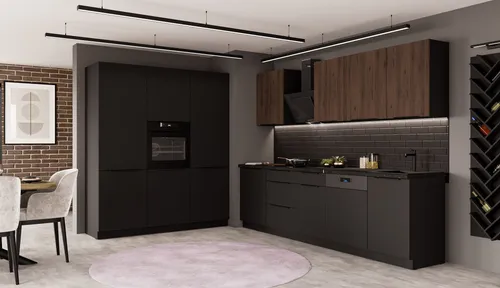 Küche SIENA + MONZA 280 + 180 cm - Küchenzeile im modernen Mix aus Okapi Nussbaum und schwarz matt, bietet viel Stauraum und eine elegante Optik für Ihr Zuhause.