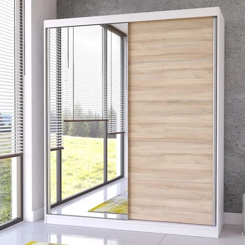 Schwebetürenschrank Kleiderschrank Bella 03, 183 cm, Weiß/Sonoma mit Spiegel - Schwebetürenschrank mit eleganter Spiegelfront und geräumigen Einlegeböden, ideal für moderne Schlafzimmer. Stauraumwunder mit stilvollem Design und dekorativen Leisten.