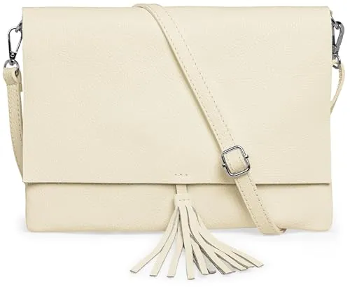 Caspar Elegante Leder Umhängetasche XL Clutch Abendtasche Damen Handtasche mit Quaste - CLASSIC LINE - Modell No.829 - Made in Italy, Farbe:beige