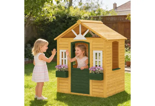 Kinderspielhaus aus Holz mit Tür und Fenstern
