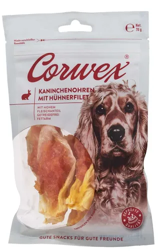 Corwex Kaninchenohren mit Hühnerfilet 70g – Getreidefreier Hundesnack, fettarm