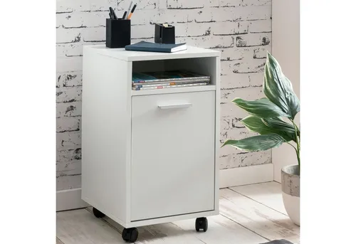 FINEBUY Rollcontainer SuVa16397_1 - Moderner Bürocontainer in Weiß mit Rollen, zwei Türfächern und offenem Ablagefach für optimalen Stauraum und schnelle Zugänglichkeit.