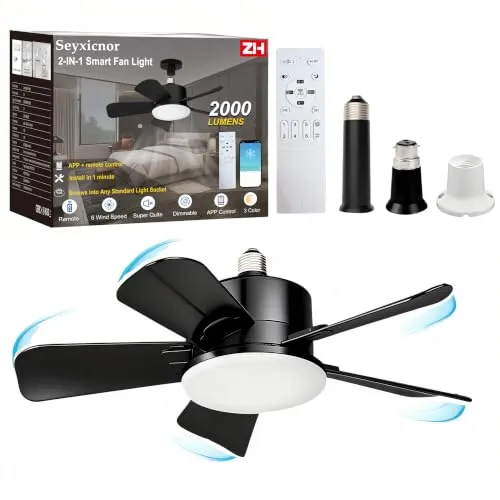 Deckenventilator mit Licht und Fernbedienung, E27 Screw in Deckenventilator mit Beleuchtung 2000LM App-Steuerung, 45CM LED Lampe Ventilator Reversibel 6Windstufen, 2 Verlängerungen & Sockel, Schwarz