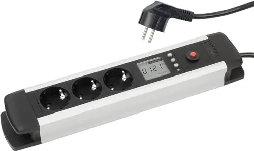 revolt Energiekostenmesser: 3-Fach-Alu-Steckdosenleiste mit LCD-Display - Steckdosen & Zubehör mit Echtzeit-Stromzähler, der Energieverbrauch und CO2-Ausstoß misst – ideal für umweltbewusste Haushalte!