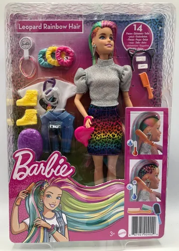 Barbie® Leopard Rainbow Hair Puppe mit 14 Teilen - Puppen-Spielset für Kinder ab 3 Jahren, inklusive Farbwechseleffekt und 14 Zubehörteilen für kreative Modeabenteuer.
